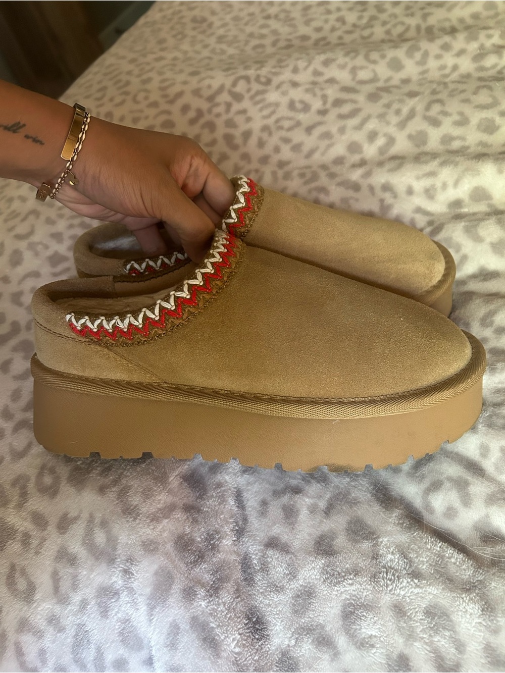 Tan Suede Platform Slip-On Mules with Red & White Trim